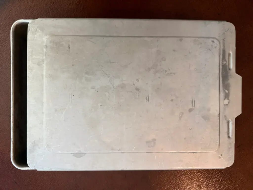 metal baking pan, with cover that slides on/off