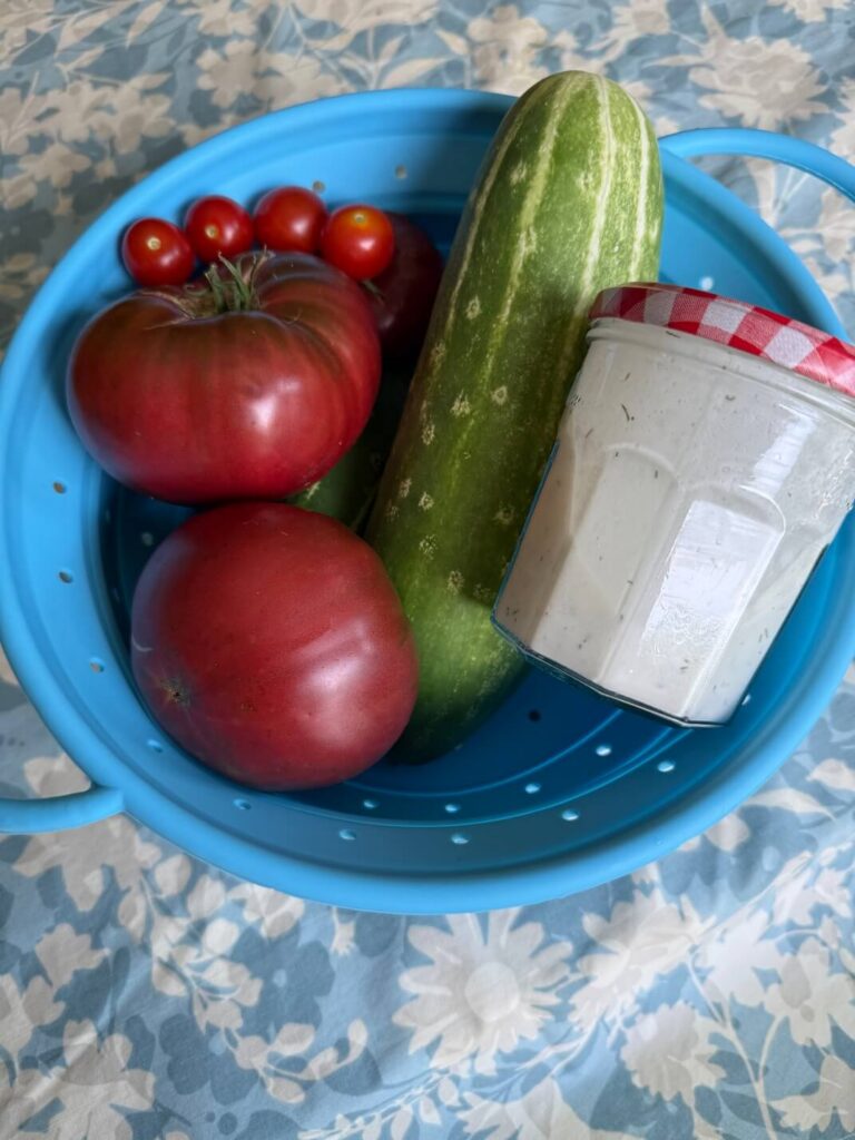 Tomatoes, Cucumber, and a mason jar of Easy German Salad Dressing in a blue colander